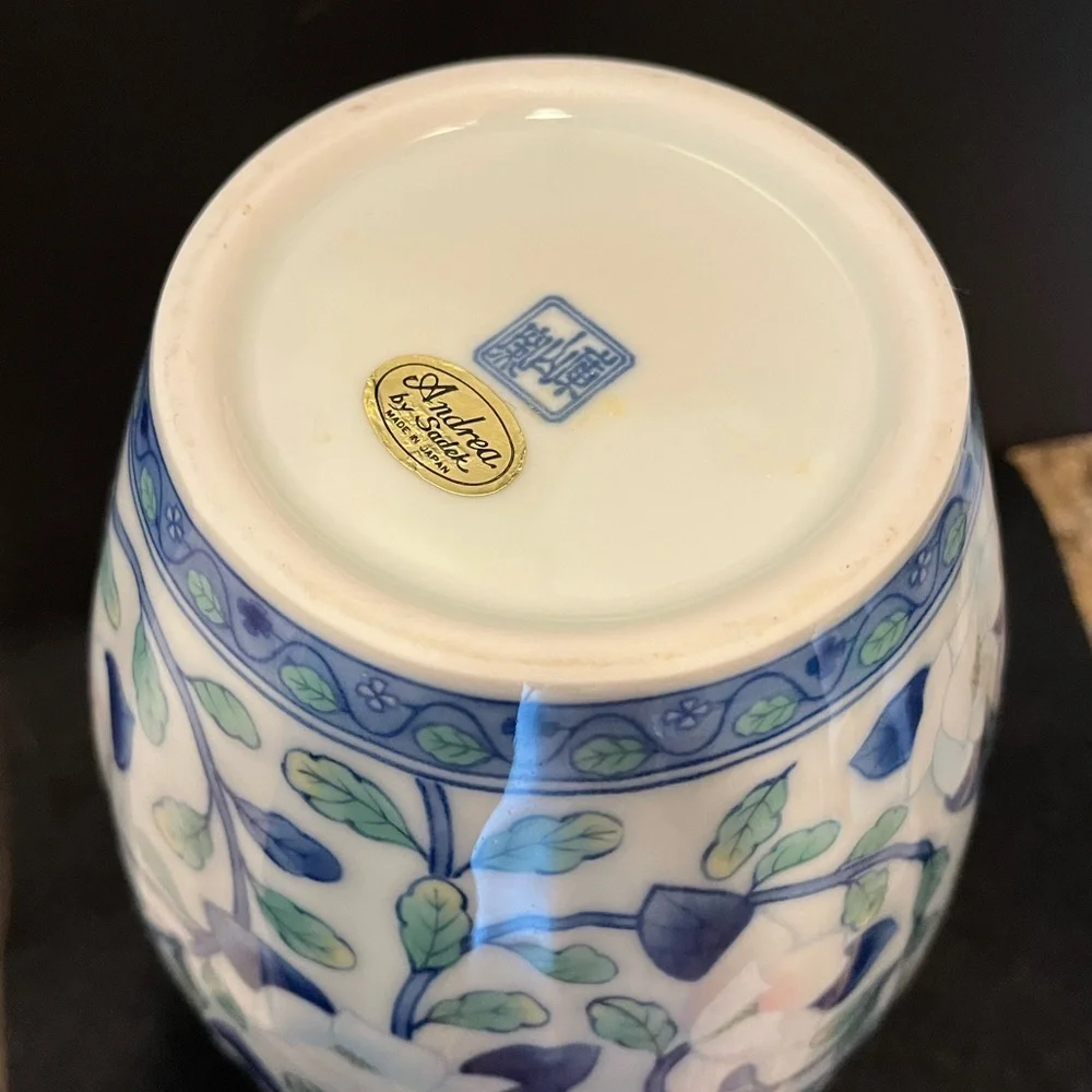 Vintage Maebata Japan Lotus Floral Andrea by Sadek Blue and White Vase